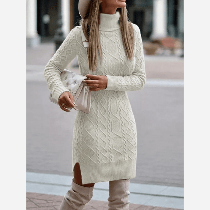 Boho Beach Hut Mini Dress, Winter Dress, Knit Dress, Turtleneck Dress Off White / S Boho Turtleneck Knit Sweater Dress