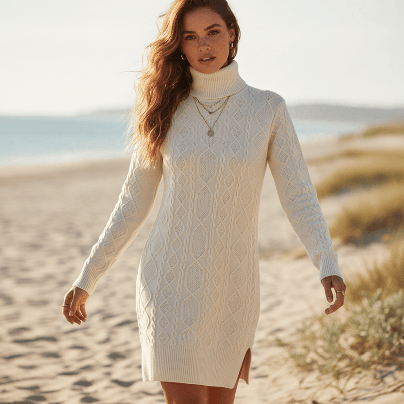 turtleneck sweater dress women Ribbed Turtle Neck Long Sleeve Mini Camel / S around 36 Wool Turtleneck Dress, Maxi Sweater