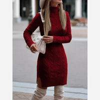 Boho Beach Hut Mini Dress, Winter Dress, Knit Dress, Turtleneck Dress Red / S Boho Turtleneck Knit Sweater Dress
