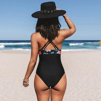 Boho Beach Hut One Piece Swimsuit, Swimsuit, Swimwear, Black Swimsuit Boho V-Neck Crisscross Back One Piece Swimsuit