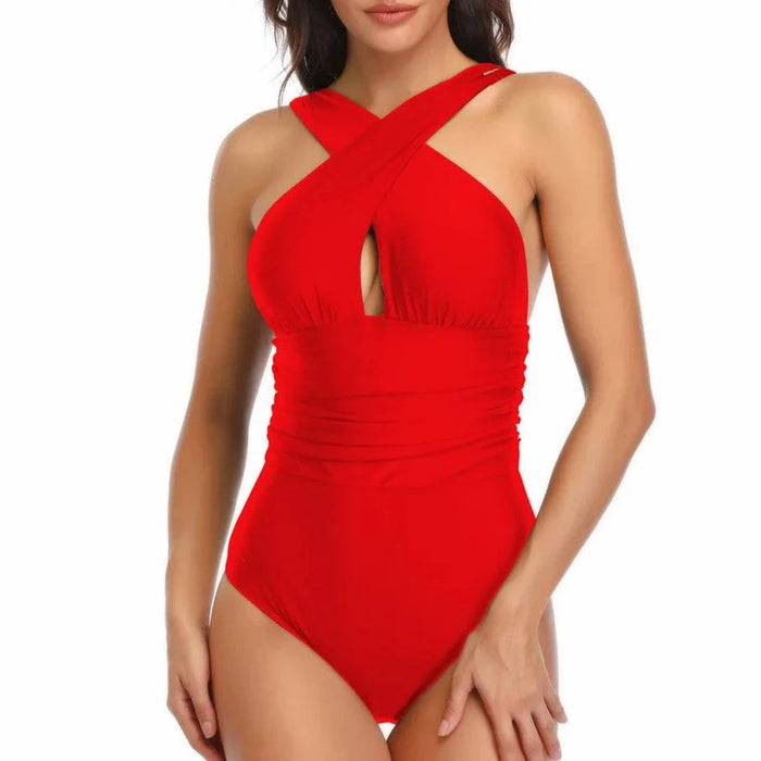 Boho Beach Hut One Piece Swimsuit, Swimsuit, Swimwear Cross Halter One Piece Swimsuit Red / S