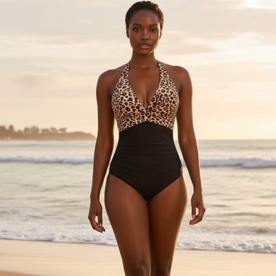 Boho Beach Hut One Piece Swimsuit, Swimsuit, Swimwear Tropical Twist Front Halter One-Piece Swimsuit Leopard / S