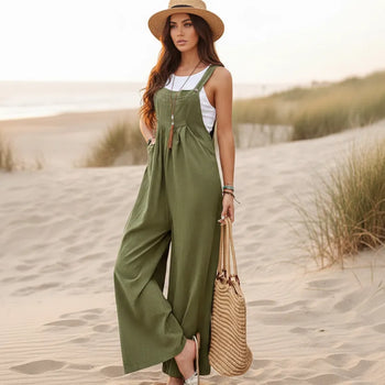 Boho Beach Hut Overalls, Jumpsuit Boho Casual Flare Leg Jumpsuit Overalls Army Green / S