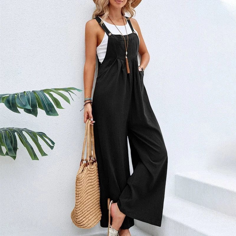 Boho Beach Hut Overalls, Jumpsuit Boho Casual Flare Leg Jumpsuit Overalls Black / S