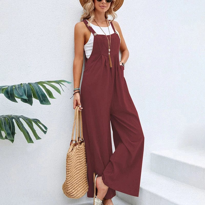 Boho Beach Hut Overalls, Jumpsuit Boho Casual Flare Leg Jumpsuit Overalls Burgundy / S