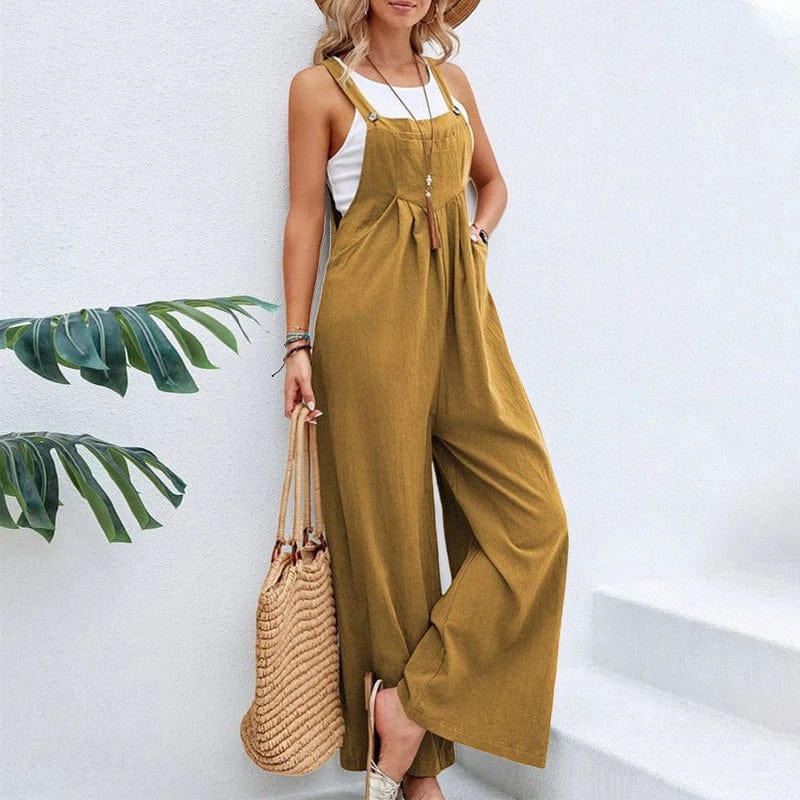 Boho Beach Hut Overalls, Jumpsuit Boho Casual Flare Leg Jumpsuit Overalls Dark Khaki / S