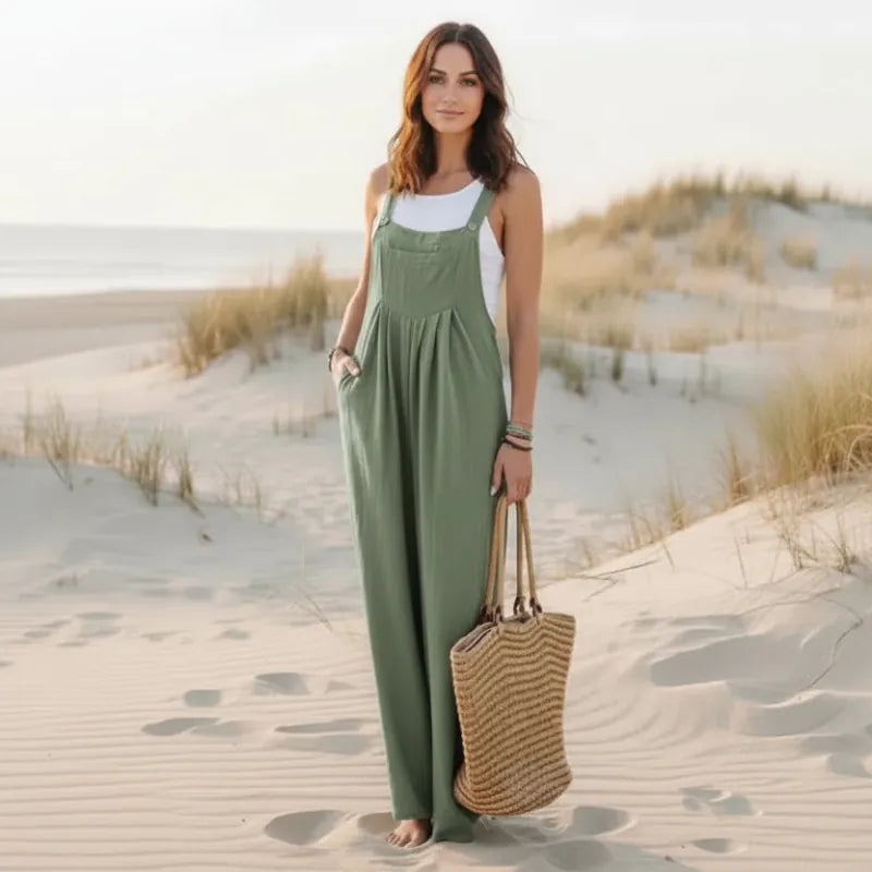 Boho Beach Hut Overalls, Jumpsuit Boho Casual Flare Leg Jumpsuit Overalls Sage Green / S