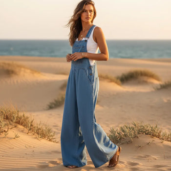 Boho Beach Hut Overalls, Jumpsuit Vintage Boho Denim Wide Leg Overalls Dark Blue / S