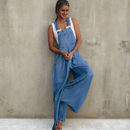Boho Beach Hut Overalls, Jumpsuit Vintage Boho Denim Wide Leg Overalls Dark Blue / S