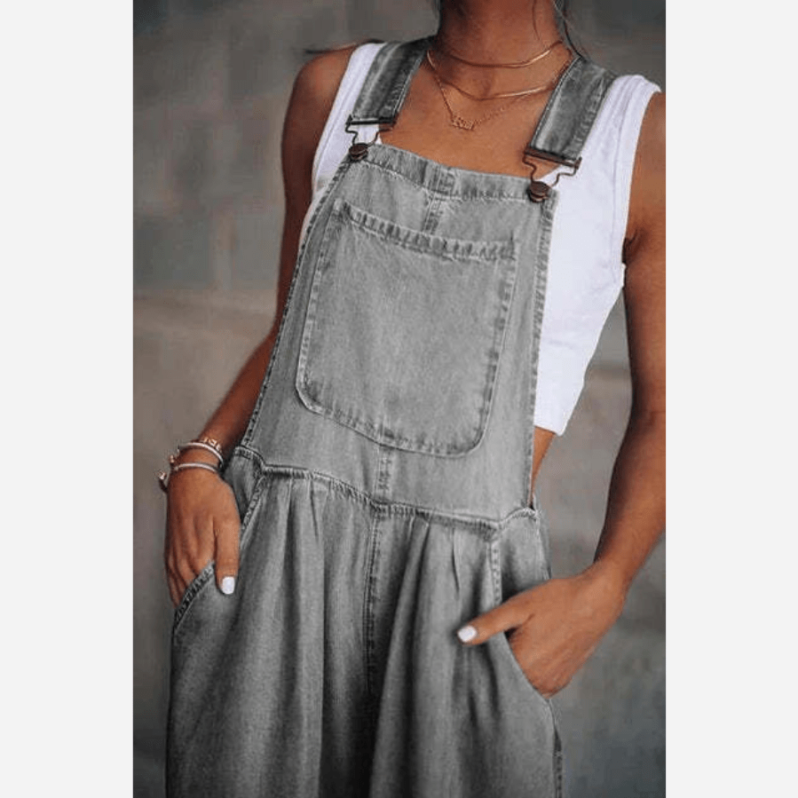 Boho Beach Hut Overalls, Jumpsuit Vintage Boho Denim Wide Leg Overalls Gray / S