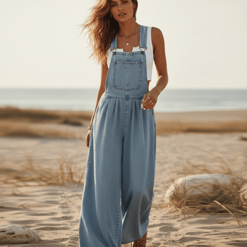 Boho Beach Hut Overalls, Jumpsuit Vintage Boho Denim Wide Leg Overalls Light Blue / S