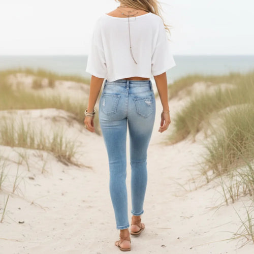 Boho Beach Hut Pants, Denim Jeans, Skinny Jeans Ripped Mid Waist Skinny Jeans