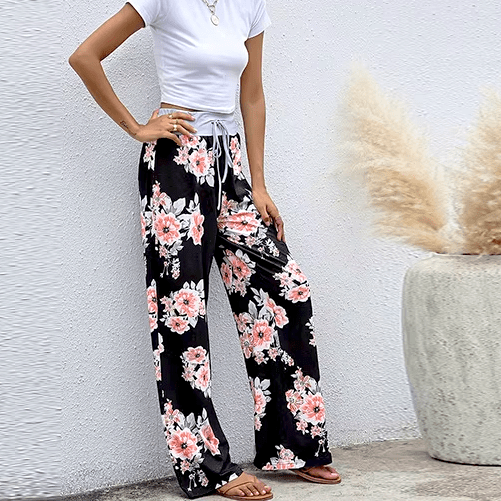 Boho Beach Hut Pants, Sweatpants Casual Print Sweatpants Black Pink / S