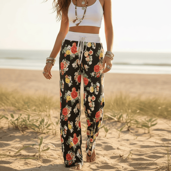 Boho Beach Hut Pants, Sweatpants Casual Print Sweatpants Black Red / S