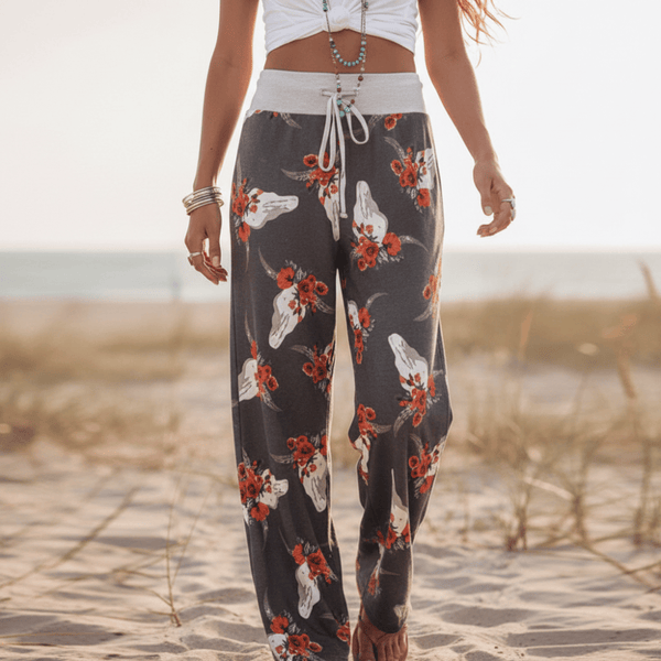 Boho Beach Hut Pants, Sweatpants Casual Print Sweatpants Dark Gray Red / S
