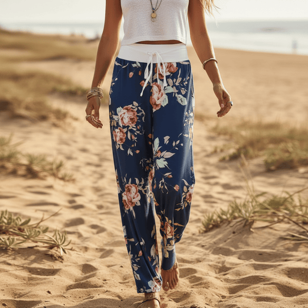 Boho Beach Hut Pants, Sweatpants Casual Print Sweatpants Navy Blue / S