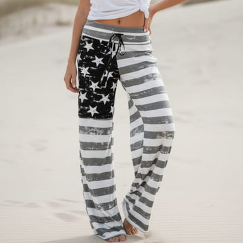 Boho Beach Hut Pants, Sweatpants, Lounge Pants, Loungewear Boho American Flag Wide Leg Lounge Pants Black / S