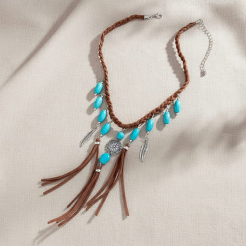 Boho Beach Hut Pendant Necklace, Choker Necklace, Rope Necklace Boho Turquoise Tassel Feather Pendant Choker Necklace Silver / One Size