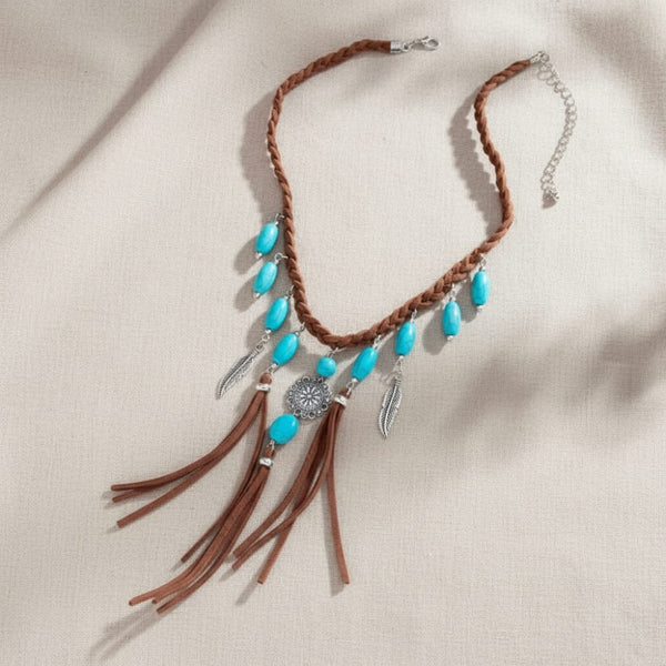 Boho Beach Hut Pendant Necklace, Choker Necklace, Rope Necklace Boho Turquoise Tassel Feather Pendant Choker Necklace Silver / One Size