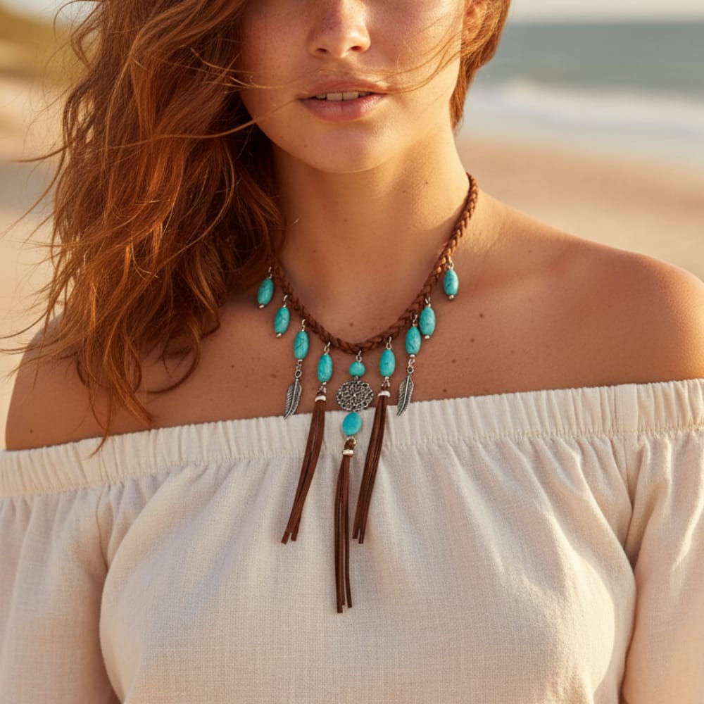 Boho Beach Hut Pendant Necklace, Choker Necklace, Rope Necklace Boho Turquoise Tassel Feather Pendant Choker Necklace Silver / One Size