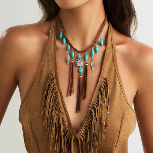 Boho Beach Hut Pendant Necklace, Choker Necklace, Rope Necklace Boho Turquoise Tassel Feather Pendant Choker Necklace Silver / One Size