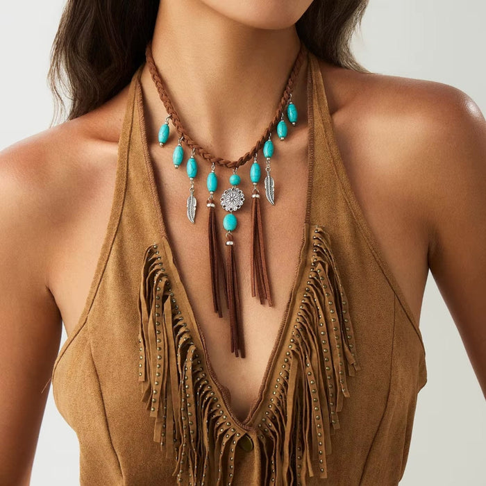 Boho Beach Hut Pendant Necklace, Choker Necklace, Rope Necklace Boho Turquoise Tassel Feather Pendant Choker Necklace Silver / One Size