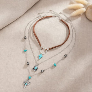 Boho Beach Hut Pendant Necklace, Choker Necklace, Rope Necklace Rope Choker Necklace with Turquoise Stone & Western Pendants Silver / One Size