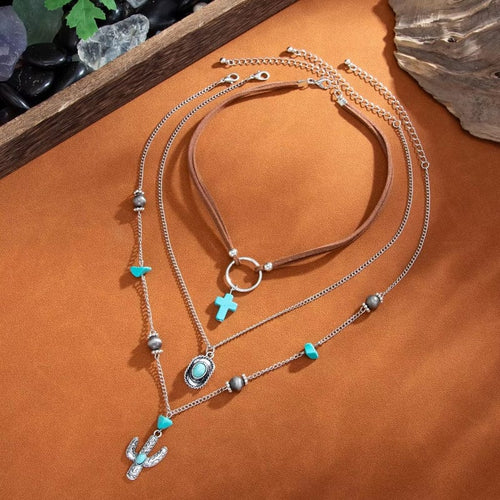 Boho Beach Hut Pendant Necklace, Choker Necklace, Rope Necklace Rope Choker Necklace with Turquoise Stone & Western Pendants Silver / One Size