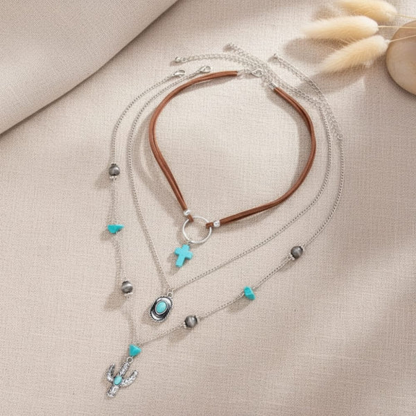 Boho Beach Hut Pendant Necklace, Choker Necklace, Rope Necklace Rope Choker Necklace with Turquoise Stone & Western Pendants Silver / One Size