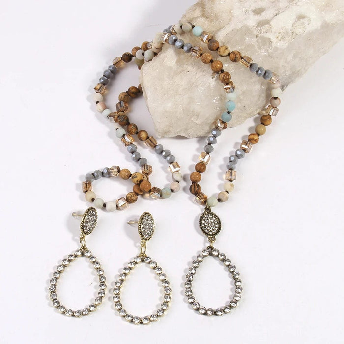 Boho Beach Hut Pendant Necklaces, Beads Necklace Natural Stone Drop Earrings and Necklace Set