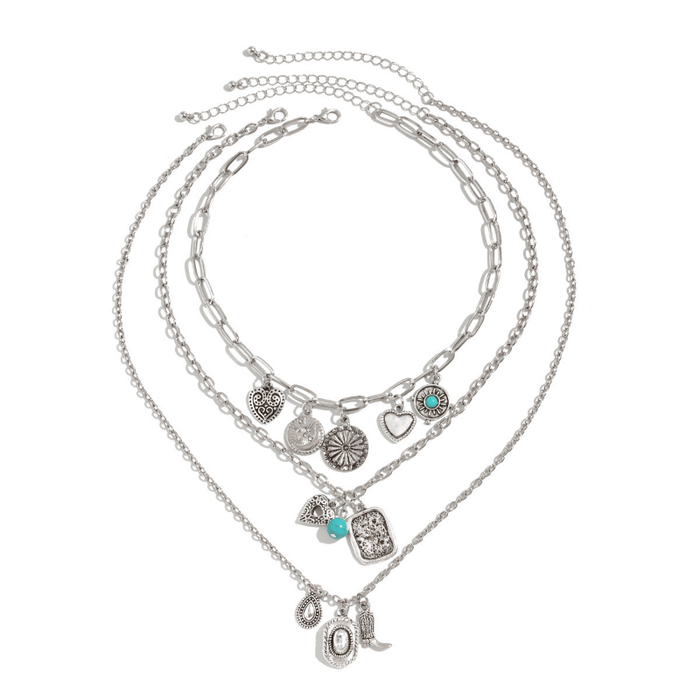 Boho Beach Hut Pendant Necklaces, Gold & Silver Necklace, Multi-Layered Necklace, Choker Necklace Western Cowboy Hat & Boots Pendant Necklace Silver / One Size