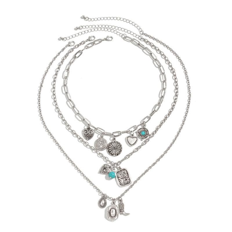 Boho Beach Hut Pendant Necklaces, Gold & Silver Necklace, Multi-Layered Necklace, Choker Necklace Western Cowboy Hat & Boots Pendant Necklace Silver / One Size