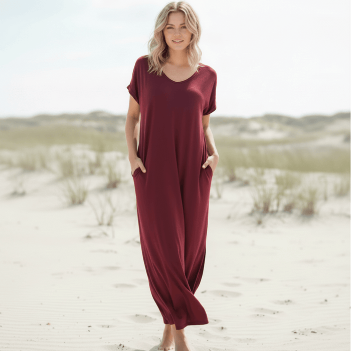 Burgundy casual boho maxi dress with V-neck, short sleeves, pockets and flowy ankle-length fit