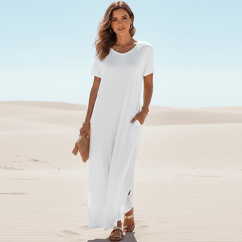 Boho Beach Hut Plus Size dress, short sleeve dress, Beach Dress, Chic Dress, Summer Dress, Maxi Dress, long dress, black dress, burgundy dress, blue dress, navy dress, gray dress, brown dress, casual dress Casual T-Shirt Maxi Dress White / S