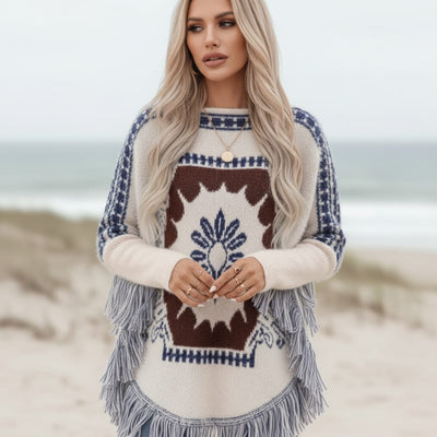Boho Beach Hut Poncho, Sweater, Jacket Boho Knit Poncho Sweater Off White / One Size