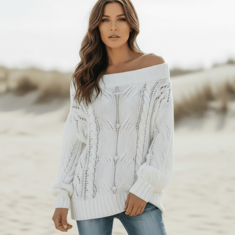 Boho Beach Hut Pullover Sweater, Sweater, Knit Sweater, Off Shoulder Sweater Sexy Off Shoulder Sweater White / S