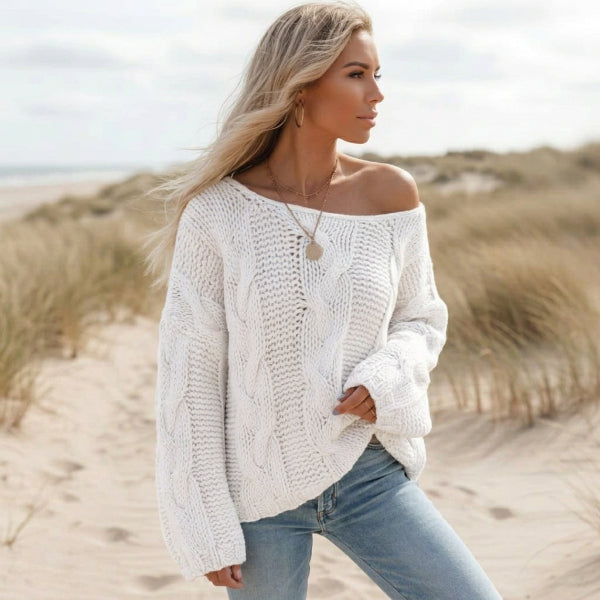 Boho Beach Hut Pullovers, Sweater, Knit Sweater Boho Off Shoulder Cable Knit Sweater White / S