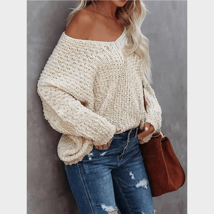 Boho Beach Hut Pullovers, Sweater, Knit Sweater, Boho Sweater Boho Off Shoulder Knit V‑Neck Sweater