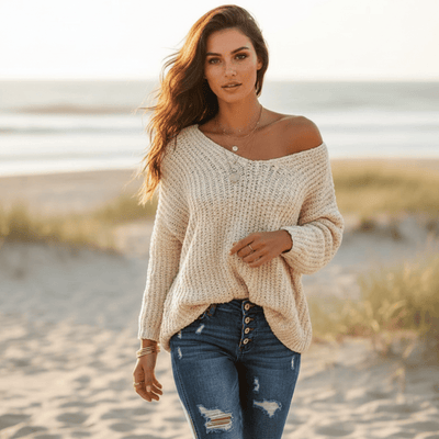 Boho Beach Hut Pullovers, Sweater, Knit Sweater, Boho Sweater Boho Off Shoulder Knit V‑Neck Sweater Off White / S