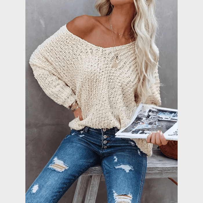 Boho Beach Hut Pullovers, Sweater, Knit Sweater, Boho Sweater Boho Off Shoulder Knit V‑Neck Sweater Off White / S