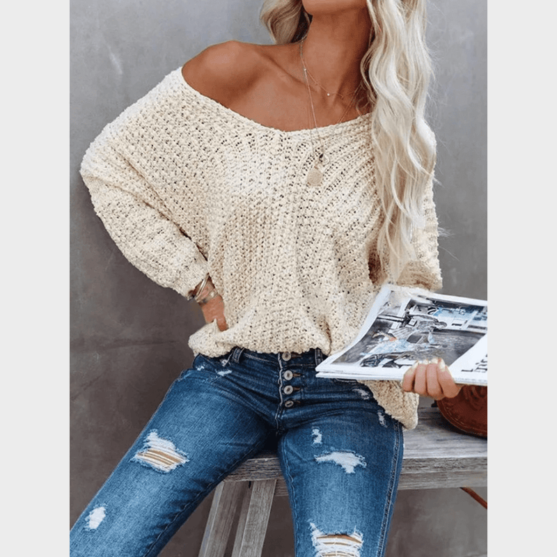 Boho Beach Hut Pullovers, Sweater, Knit Sweater, Boho Sweater Boho Off Shoulder Knit V‑Neck Sweater Off White / S