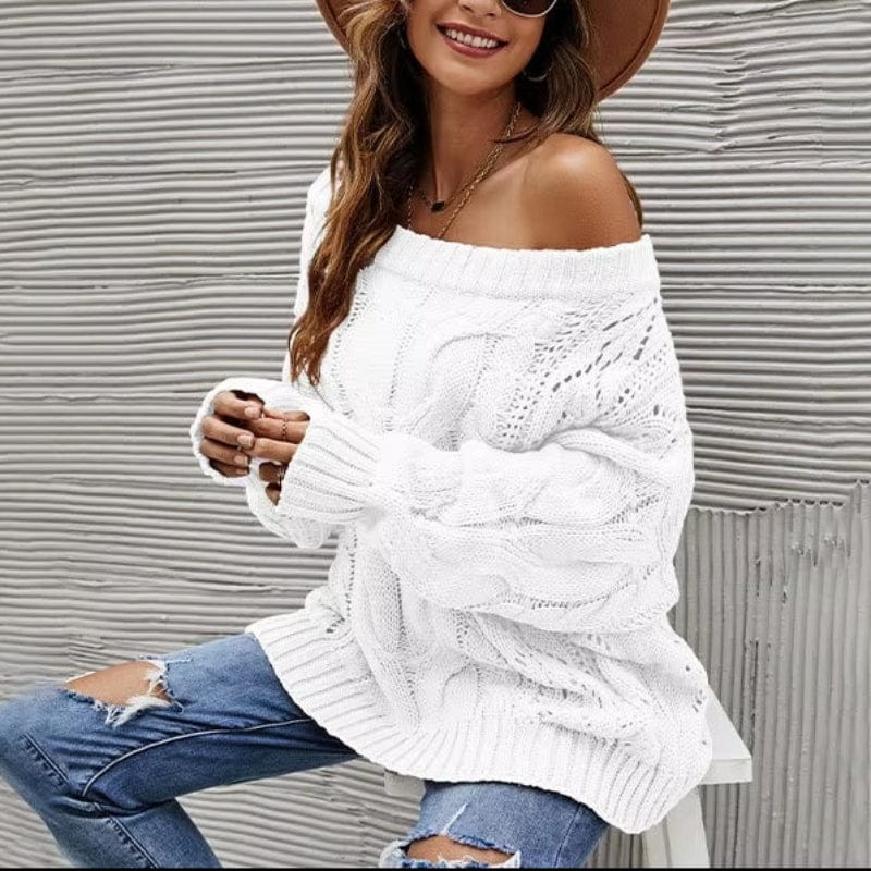 Boho Beach Hut Pullovers, Sweater, Knit Sweater, Boho Sweater Sexy Off Shoulder Sweater White / S