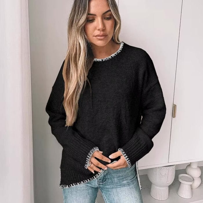 Boho Beach Hut Pullovers, Sweater, Knit Sweater, Long Sleeve Boho Loose Fit Pullover Sweater Black / S