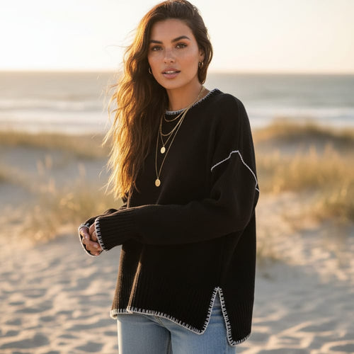Boho Beach Hut Pullovers, Sweater, Knit Sweater, Long Sleeve Boho Loose Fit Pullover Sweater Black / S