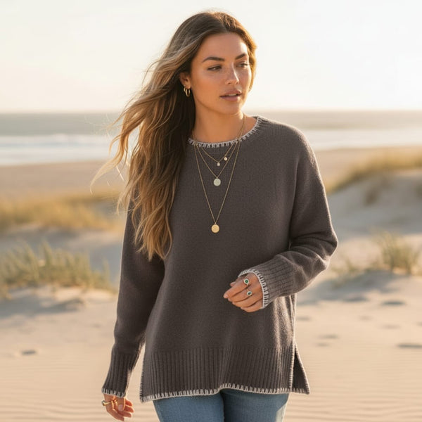 Boho Beach Hut Pullovers, Sweater, Knit Sweater, Long Sleeve Boho Loose Fit Pullover Sweater Brown / S
