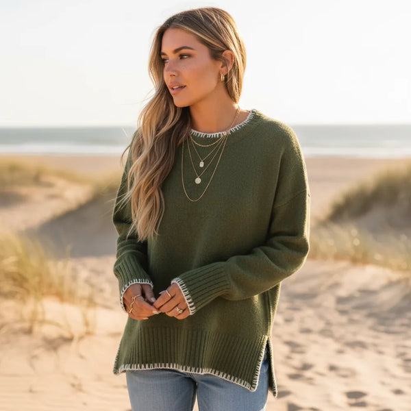 Boho Beach Hut Pullovers, Sweater, Knit Sweater, Long Sleeve Boho Loose Fit Pullover Sweater Green / S