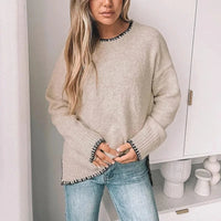 Boho Beach Hut Pullovers, Sweater, Knit Sweater, Long Sleeve Boho Loose Fit Pullover Sweater Khaki / S