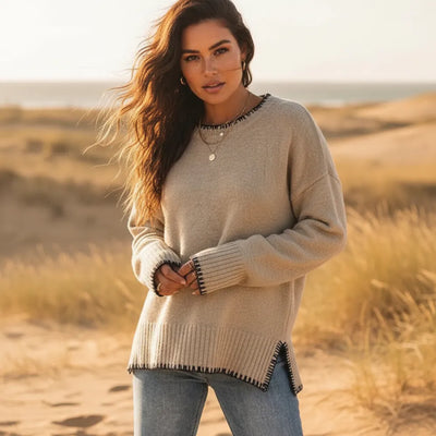 Boho Beach Hut Pullovers, Sweater, Knit Sweater, Long Sleeve Boho Loose Fit Pullover Sweater Khaki / S