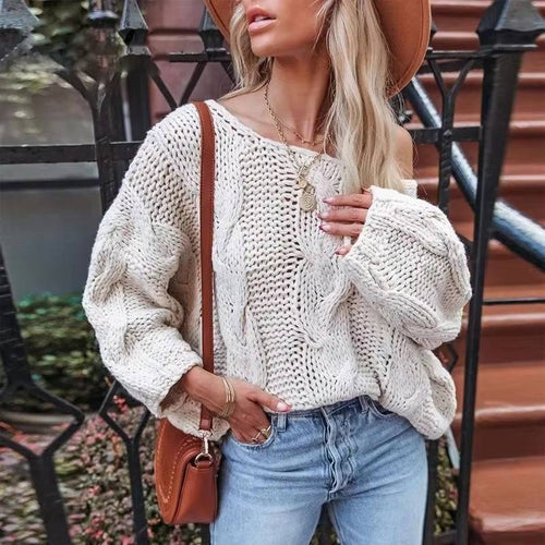 Boho Beach Hut Pullovers, Sweater, Knit Sweater Sexy Off Shoulder Knit Pullover Sweater Beige / S