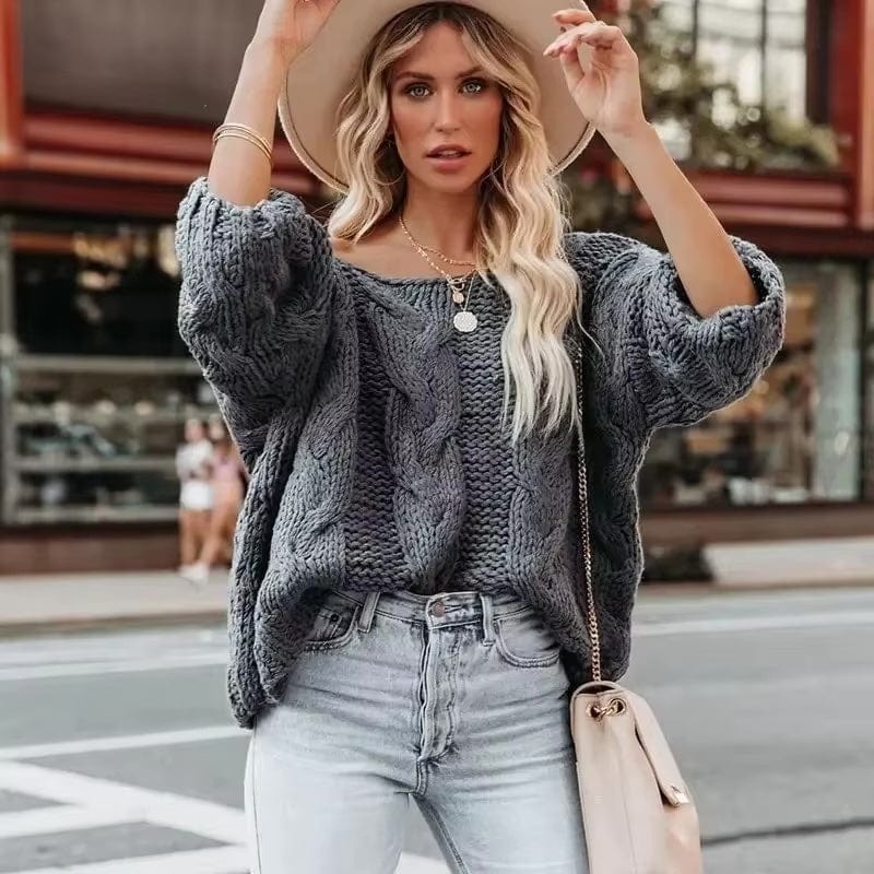 Boho Beach Hut Pullovers, Sweater, Knit Sweater Sexy Off Shoulder Knit Pullover Sweater Gray / S